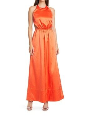 STAUD Orange Satin Halter Maxi Dress